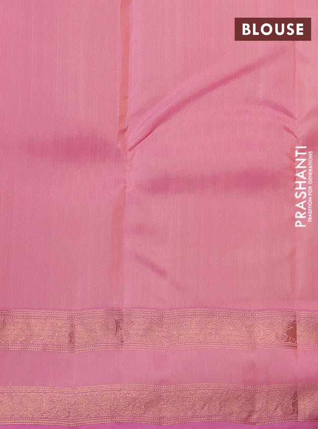 Kanchipuram silk saree pale yellow and light pink with allover copper zari weaves & buttas and copper rettapet zari woven border