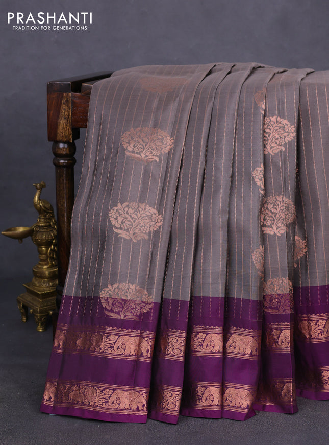 Kanchipuram silk saree grey and purple with allover copper zari weaves & buttas and copper zari woven border