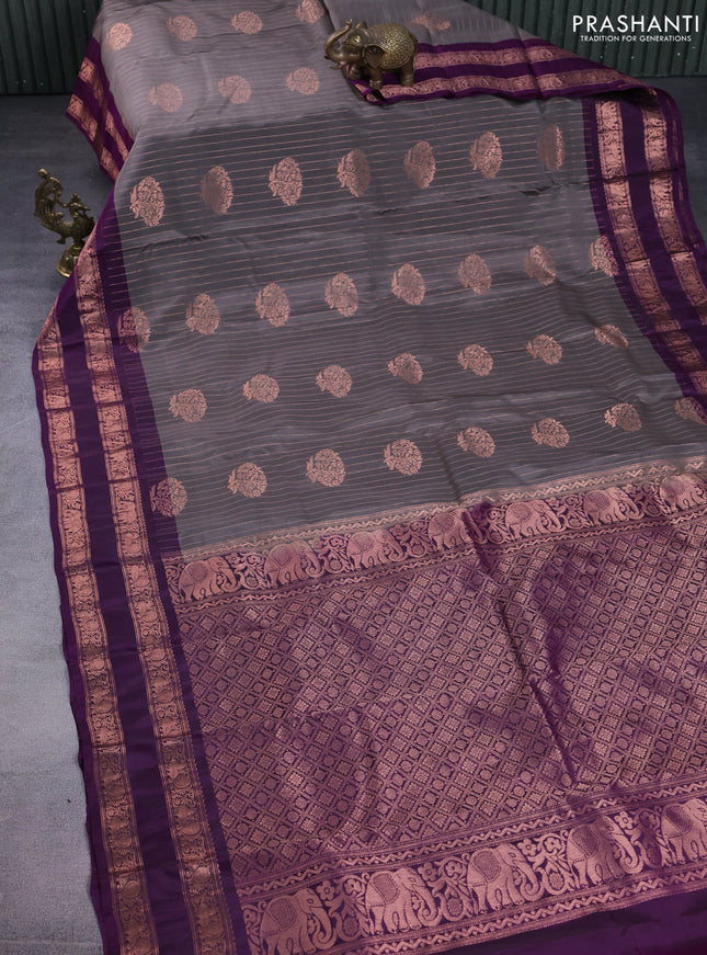 Kanchipuram silk saree grey and purple with allover copper zari weaves & buttas and copper zari woven border