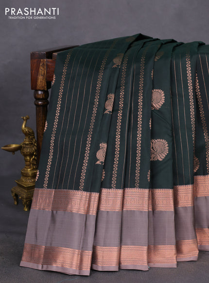 Kanchipuram silk saree bottle green and grey shade with allover copper zari weaves and rettapet copper zari woven border