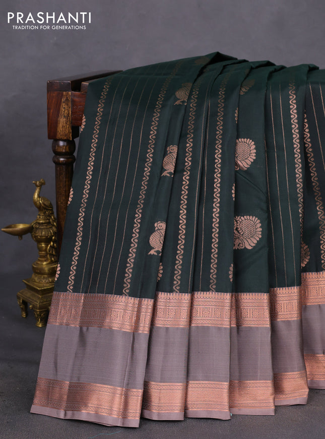 Kanchipuram silk saree bottle green and grey shade with allover copper zari weaves and rettapet copper zari woven border