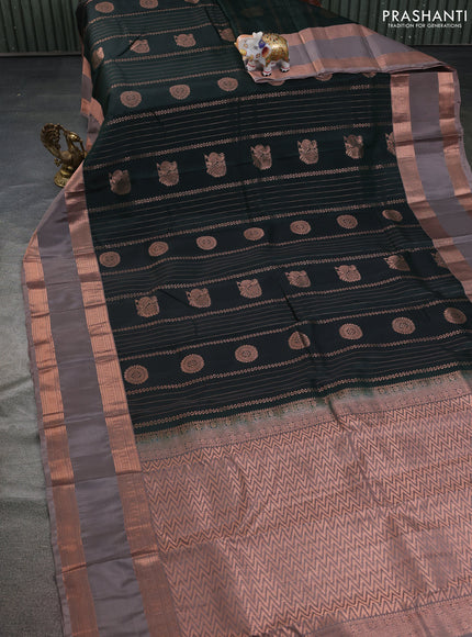Kanchipuram silk saree bottle green and grey shade with allover copper zari weaves and rettapet copper zari woven border
