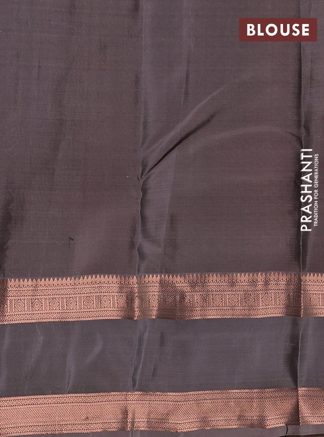 Kanchipuram silk saree bottle green and grey shade with allover copper zari weaves and rettapet copper zari woven border