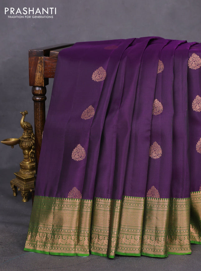 Kanchipuram silk saree deep violet and green with copper zari woven buttas and copper zari woven border