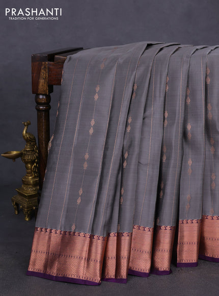 Kanchipuram silk saree grey and purple with allover copper zari weaves and copper zari woven border