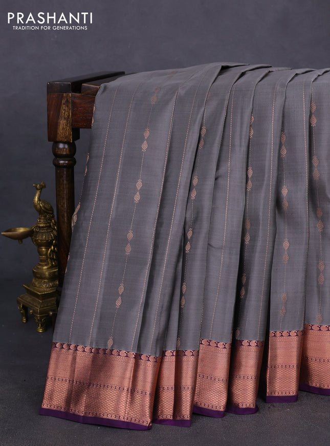 Kanchipuram silk saree grey and purple with allover copper zari weaves and copper zari woven border