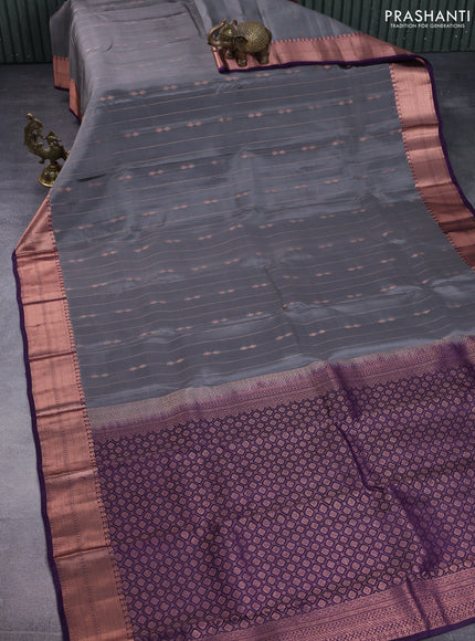 Kanchipuram silk saree grey and purple with allover copper zari weaves and copper zari woven border
