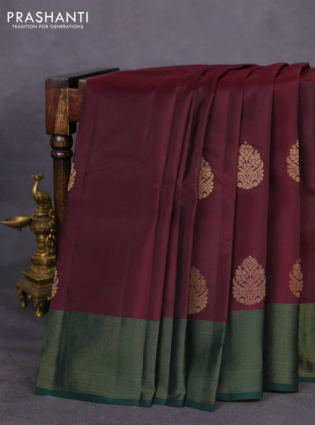 Kanchipuram silk saree wine shade and bottle green with zari woven buttas and zari woven border