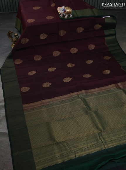 Kanchipuram silk saree wine shade and bottle green with zari woven buttas and zari woven border