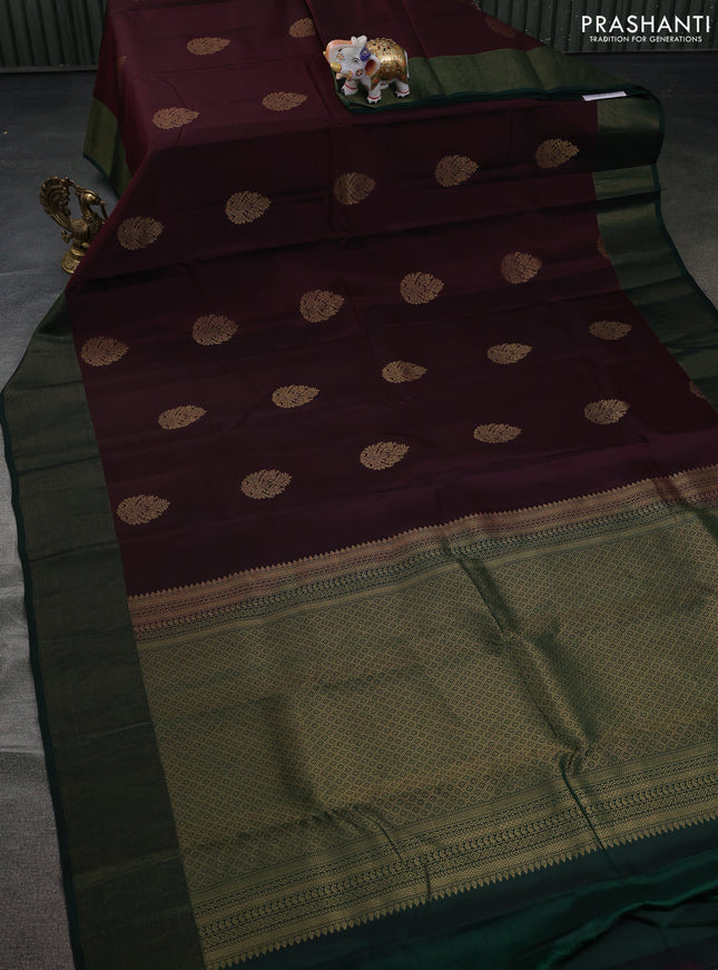 Kanchipuram silk saree wine shade and bottle green with zari woven buttas and zari woven border