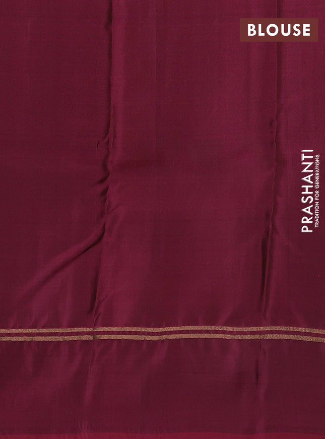 Kanchipuram silk saree peacock blue and dark magenta pink with allover copper zari weaves and copper zari woven simple border