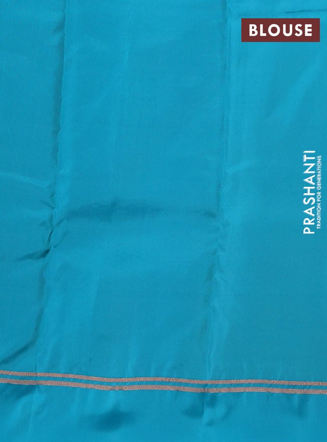 Kanchipuram silk saree dual shade of green and teal blue with allover copper zari weaves and copper zari woven simple border