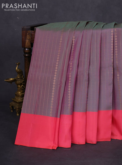 Kanchipuram silk saree dual shade of greenish pink and peach pink with allover copper zari weaves and simple border