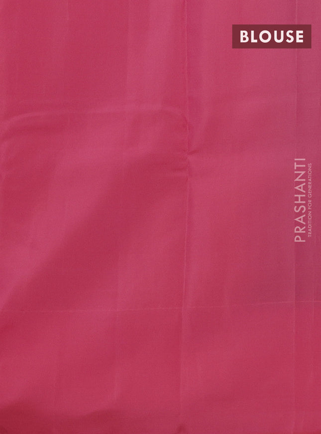 Kanchipuram silk saree dual shade of greenish pink and peach pink with allover copper zari weaves and simple border