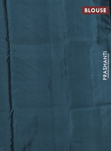 Kanchipuram silk saree grey and pasetel blue with allover copper zari weaves and simple border