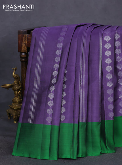 Kanchipuram silk saree violet shade and green with allover silver zari weaves and simple border