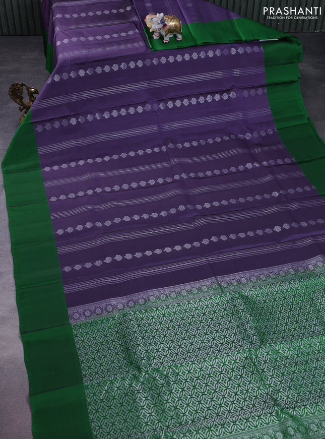 Kanchipuram silk saree violet shade and green with allover silver zari weaves and simple border