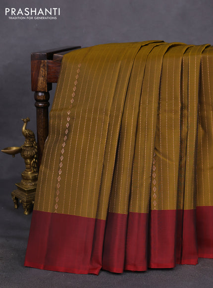 Kanchipuram silk saree mustard green and maroon with allover copper zari weaves and simple border