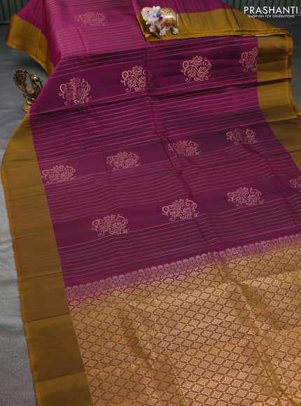 Kanchipuram silk saree green and blue with allover copper zari weaves and simple border