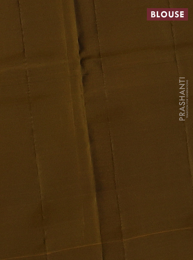 Kanchipuram silk saree peacock blue and dark mustard with allover copper zari weaves and simple border