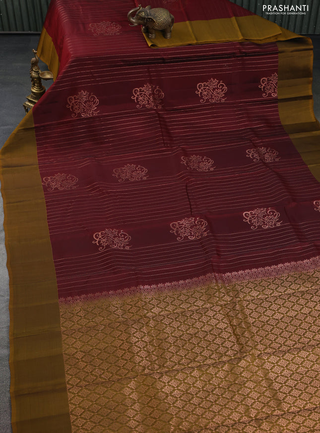 Kanchipuram silk saree maroon and dark mustard with allover copper zari weaves and simple border