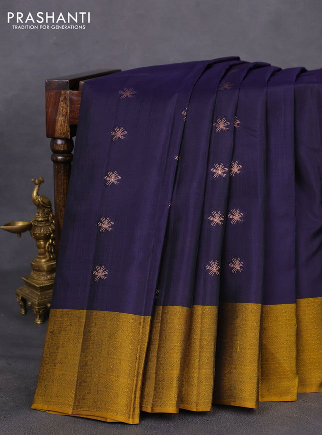 Kanchipuram silk saree dark blue and dark mustard with copper zari woven buttas and self emboss border