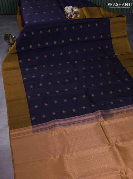 Kanchipuram silk saree dark blue and dark mustard with copper zari woven buttas and self emboss border