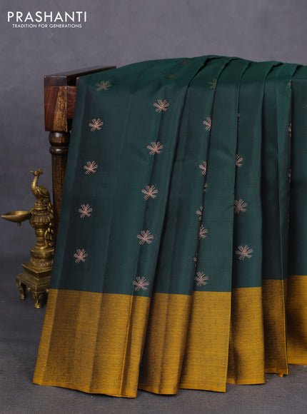 Kanchipuram silk saree bottle green and dark mustard with copper zari woven buttas and self emboss border