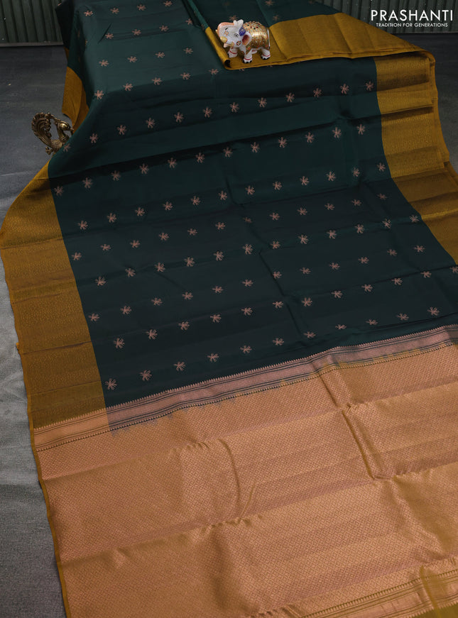 Kanchipuram silk saree bottle green and dark mustard with copper zari woven buttas and self emboss border