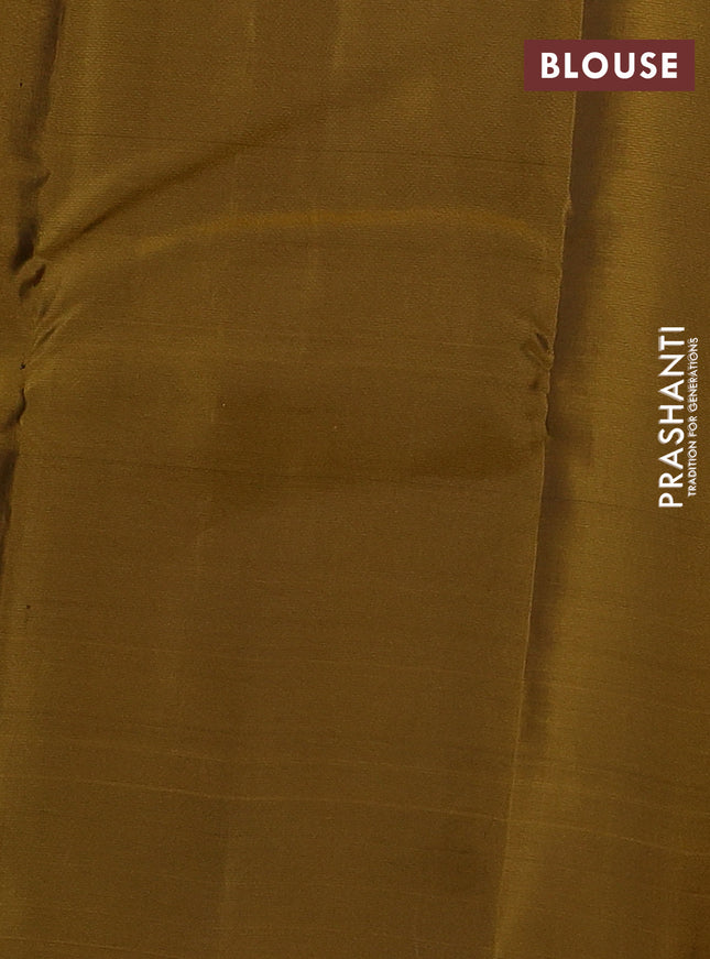 Kanchipuram silk saree bottle green and dark mustard with copper zari woven buttas and self emboss border