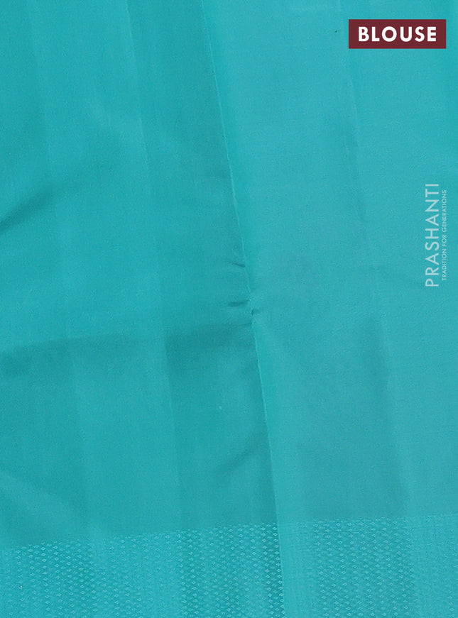 Kanchipuram silk saree grey and teal blue with allover self emboss and copper zari woven buttas