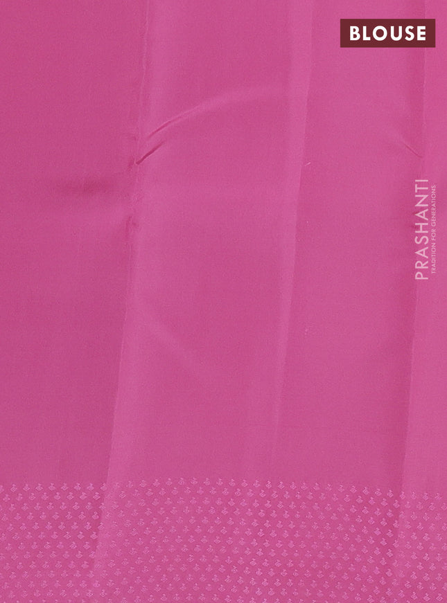 Kanchipuram silk saree yellow and pink with allover self emboss & copper zari buttas in borderless style