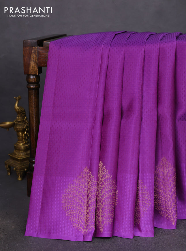 Kanchipuram silk saree purple and teal blue with allover self emboss and copper zari woven buttas