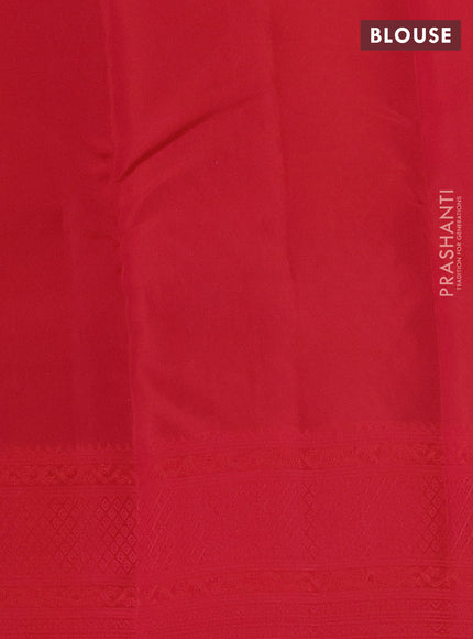 Kanchipuram silk saree teal blue and dual shade of pinkish orange with allover self emboss & copper zari buttas in borderless style