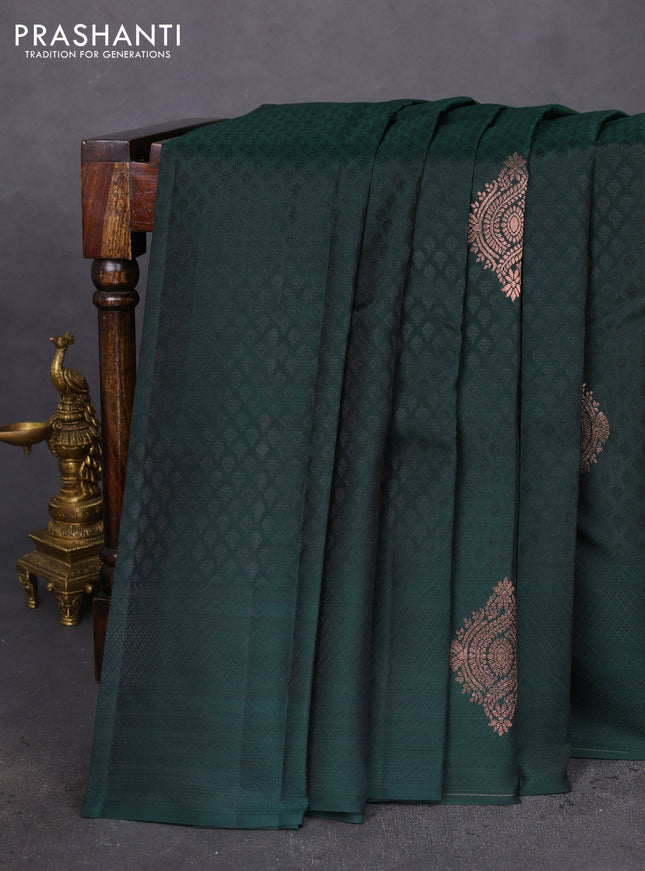 Kanchipuram silk saree bottle green and dual shade of pink with allover self emboss & copper zari buttas in borderless style