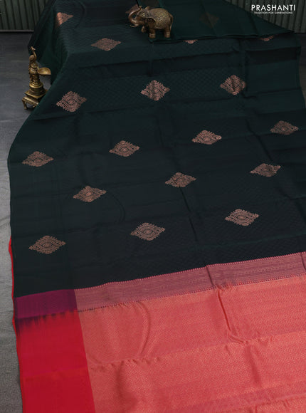 Kanchipuram silk saree bottle green and dual shade of pink with allover self emboss & copper zari buttas in borderless style