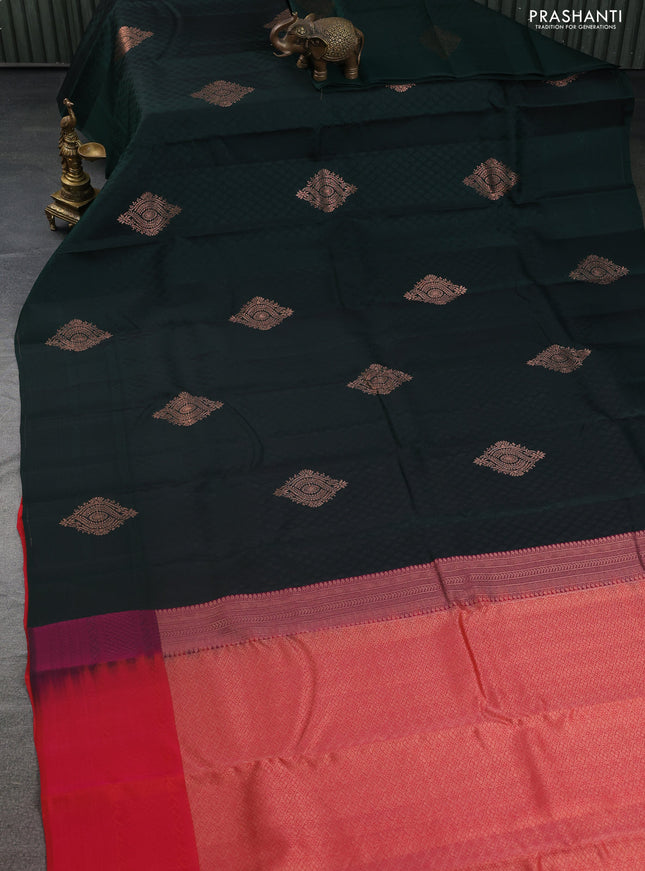 Kanchipuram silk saree bottle green and dual shade of pink with allover self emboss & copper zari buttas in borderless style