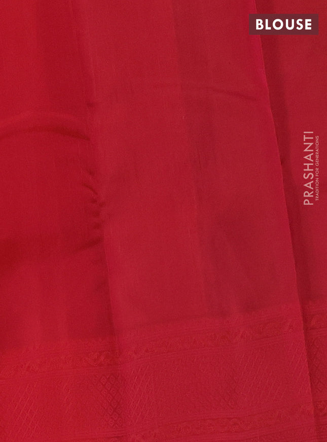 Kanchipuram silk saree bottle green and dual shade of pink with allover self emboss & copper zari buttas in borderless style