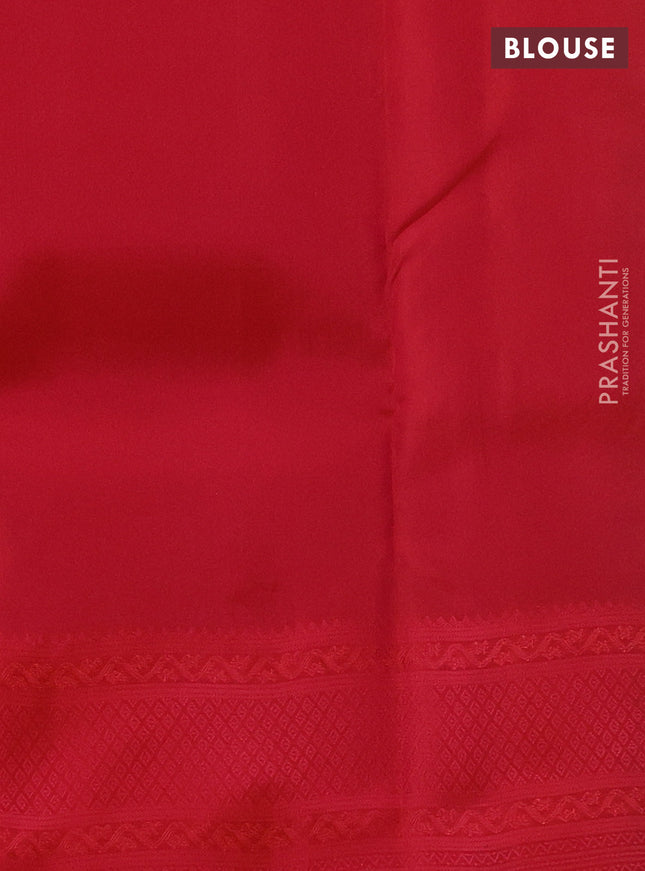 Kanchipuram silk saree dual shade of teal blue and dual shade of pinkish orange with allover self emboss & copper zari buttas in borderless style