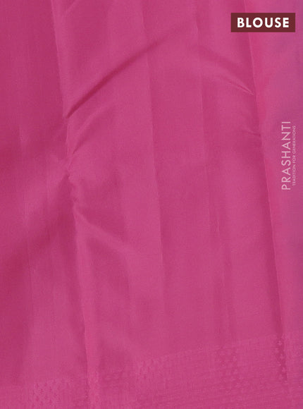 Kanchipuram silk saree teal blue and peach pink with allover self emboss & copper zari buttas in borderless style