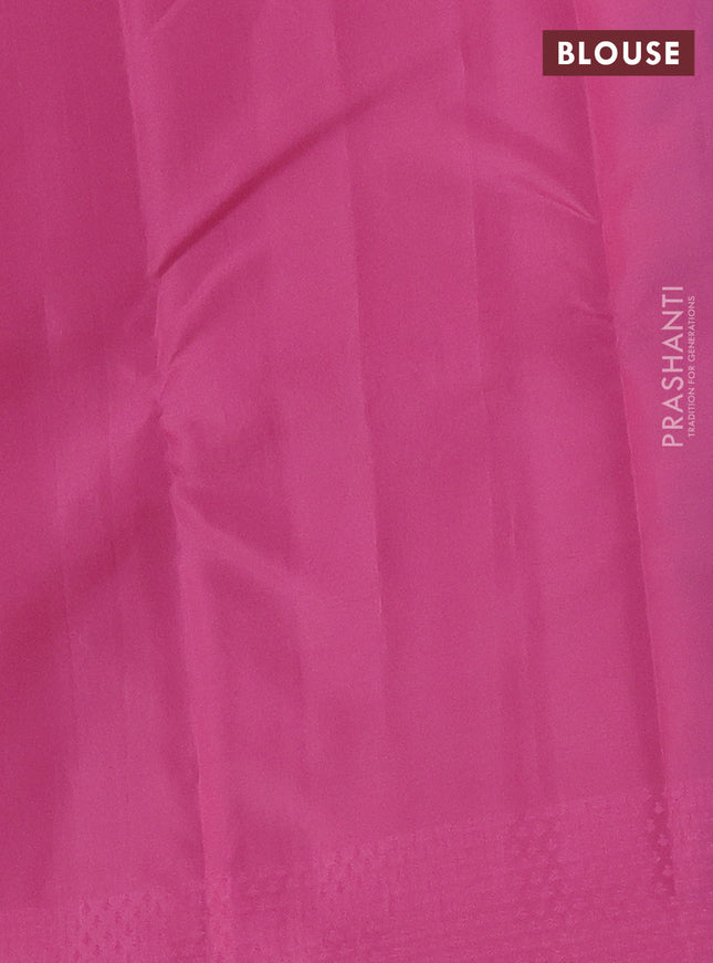 Kanchipuram silk saree teal blue and peach pink with allover self emboss & copper zari buttas in borderless style