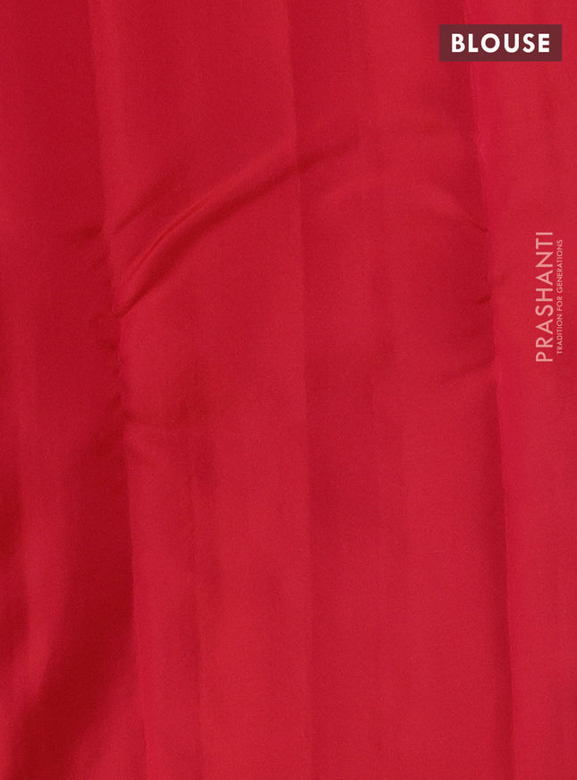 Kanchipuram silk saree teal blue and reddish orange with allover self emboss & copper zari buttas in borderless style