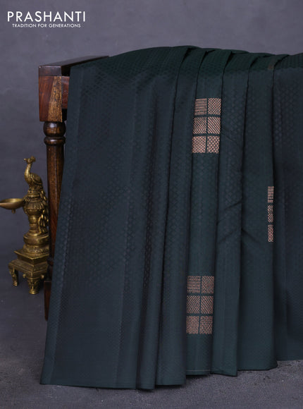 Kanchipuram silk saree bottle green and pinkish orange with allover self emboss & copper zari buttas in borderless style