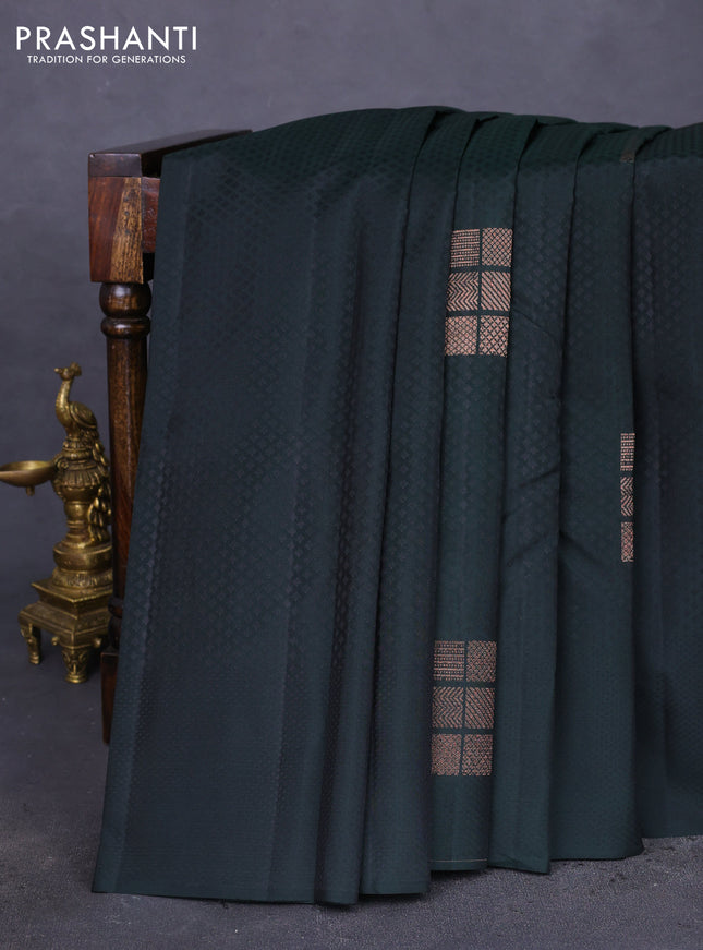 Kanchipuram silk saree bottle green and pinkish orange with allover self emboss & copper zari buttas in borderless style