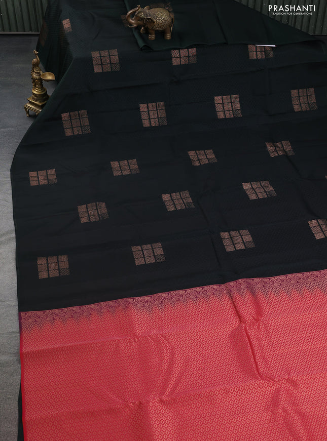 Kanchipuram silk saree bottle green and pinkish orange with allover self emboss & copper zari buttas in borderless style