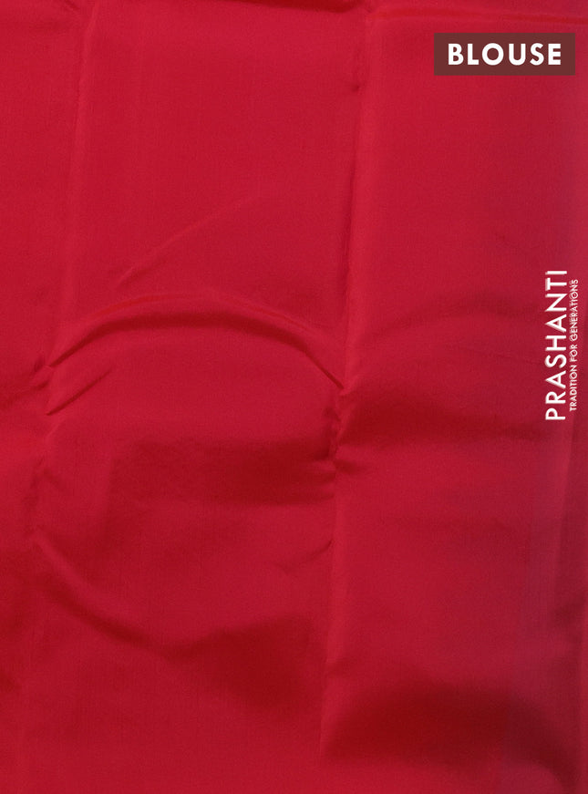 Kanchipuram silk saree light blue and red with allover self emboss & copper zari buttas in borderless style