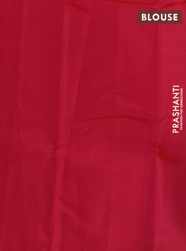 Kanchipuram silk saree dual shade of teal bluish green and dual shade of pinkish orange with allover self emboss & copper zari buttas in borderless style