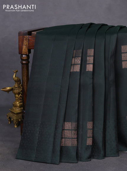 Kanchipuram silk saree bottle green and dual shade of pinkish orange with allover self emboss & copper zari buttas in borderless style