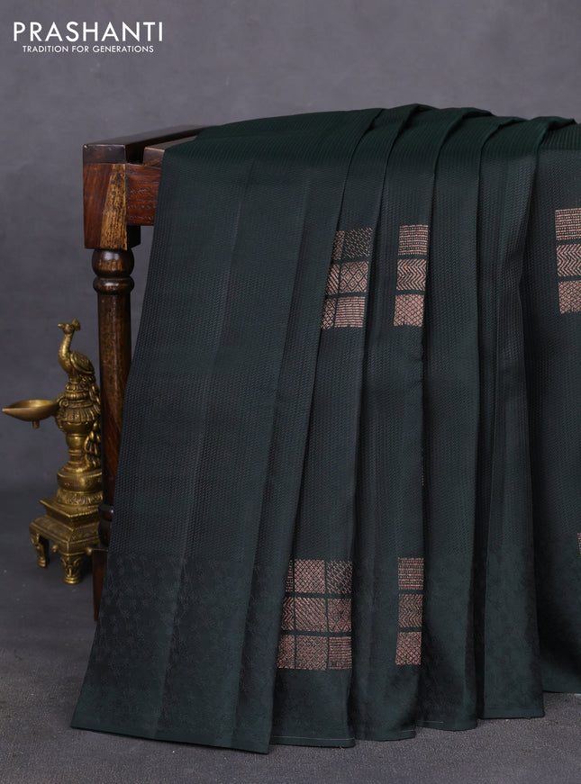 Kanchipuram silk saree bottle green and dual shade of pinkish orange with allover self emboss & copper zari buttas in borderless style