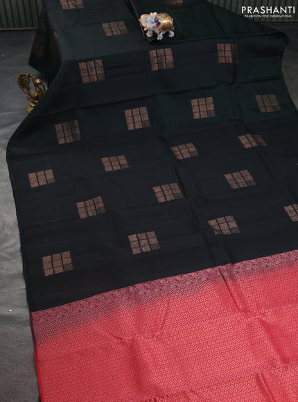 Kanchipuram silk saree bottle green and dual shade of pinkish orange with allover self emboss & copper zari buttas in borderless style